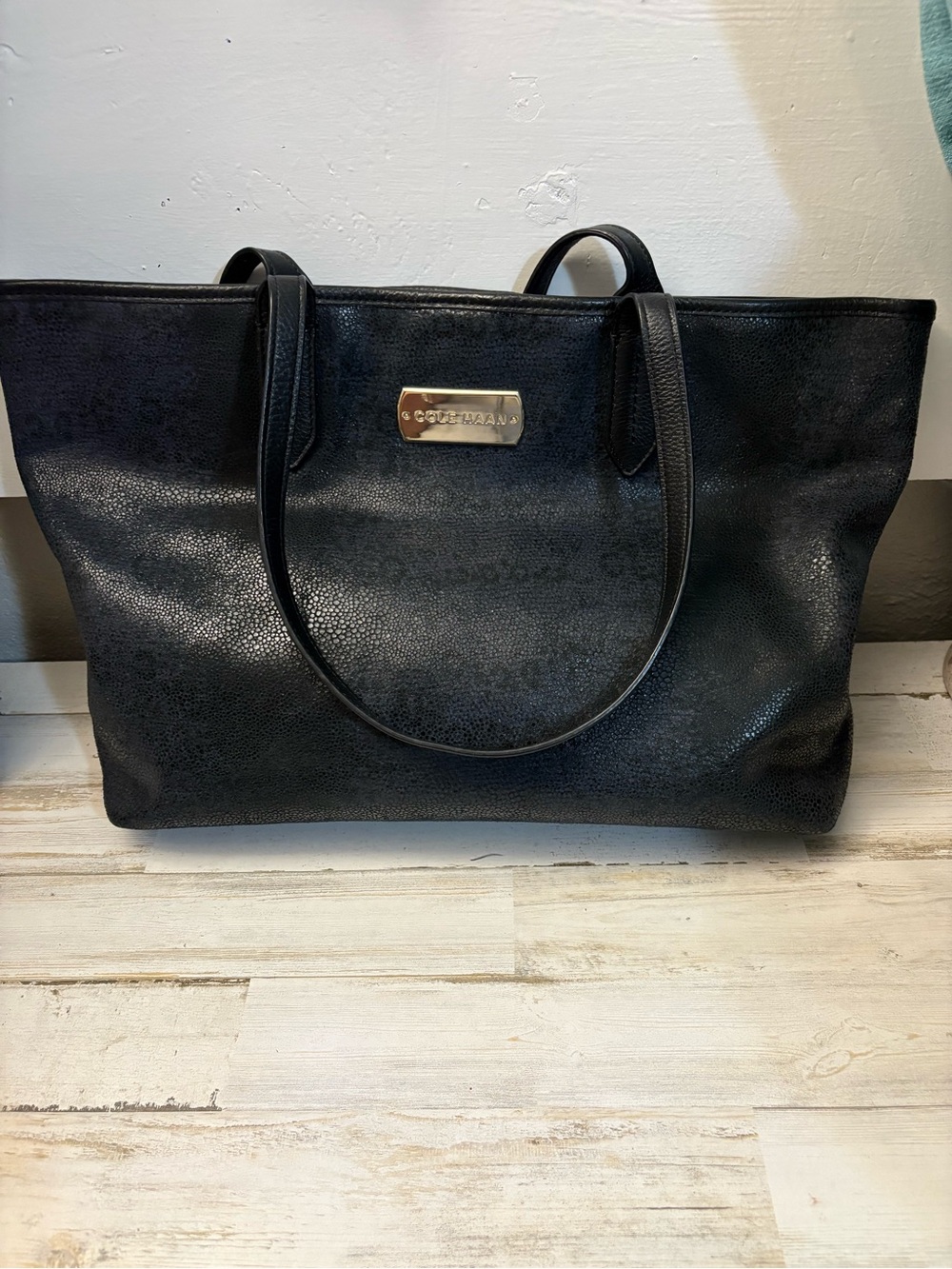 Cole Haan Black Leather Pebbled Tote with Logo Plate